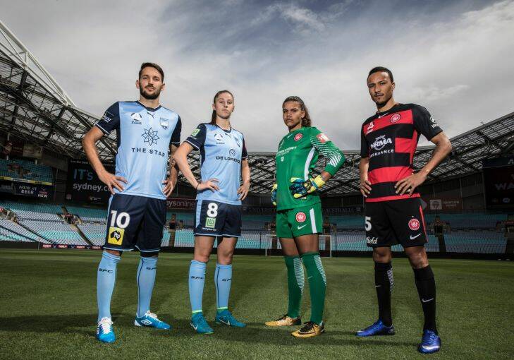 Milos Ninkovic, and  Amy Harriosn from Sydney FC, with  Jada Whyman, and Kearyn Baccus, from Western Sydney Wanderers FC, photographed at ANZ Stadium, Sydney Olympic Park, on 6 December 2017. Photo: Jessica Hromas