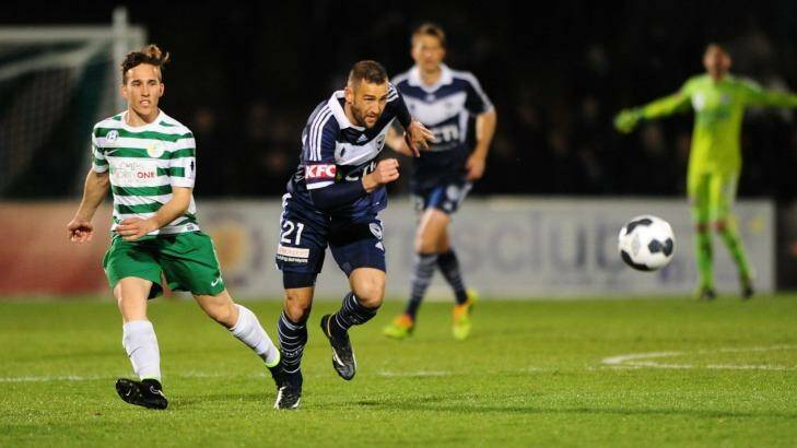 Homecoming: Melbourne Victory and Socceroos star Carl Valeri in action on Tuesday night. Photo: Melissa Adams