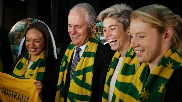 Prime Minister Malcolm Turnbull with Matildas Kyah Simon, Michelle Heyman and Clare Polkinghorne at Parliament House in Canberra for the announcement of the 2023 bid for the Women's World Cup in Australia on Tuesday 13 June 2017. Photo: Andrew Meares 