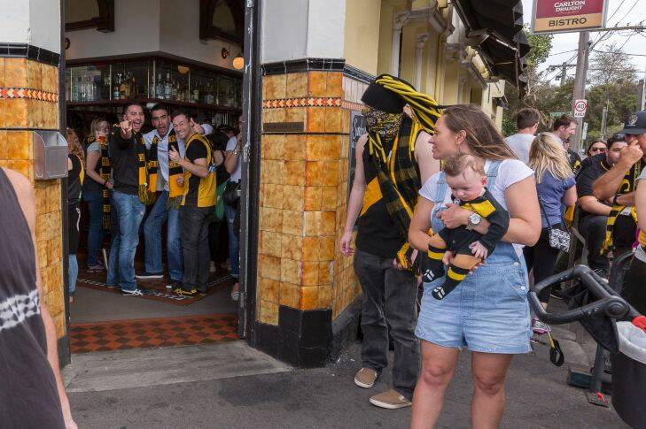 The Tiger Army gather at the Spread Eagle Hotel in Richmond, ahead of the big prelim final at the MCG. Melbourne. September 23rd 2017. Photo: Daniel Pockett