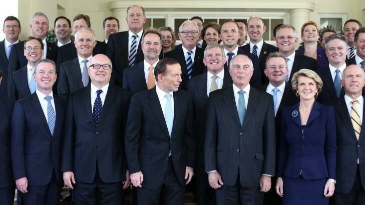 From the beginning: Prime Minister Tony Abbott with his first ministry in September 2013. Photo: Andrew Meares
