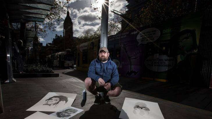 Richard Carrie, a homeless man who sleeps rough in the CBD has managed to put together an exhibition of original artworks, which will be shown at a sold-out event on Saturday night. 29th May 2015. Photo by Jason South Photo: JasonSouth
