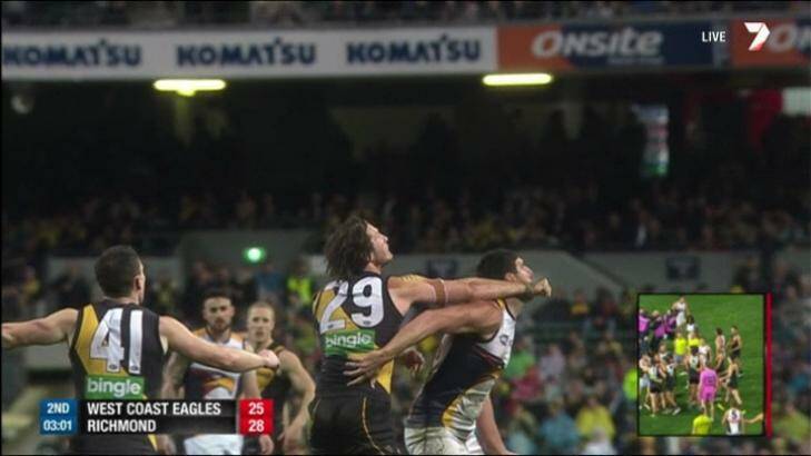 Ty Vickery collects Dean Cox. Photo: Channel Seven