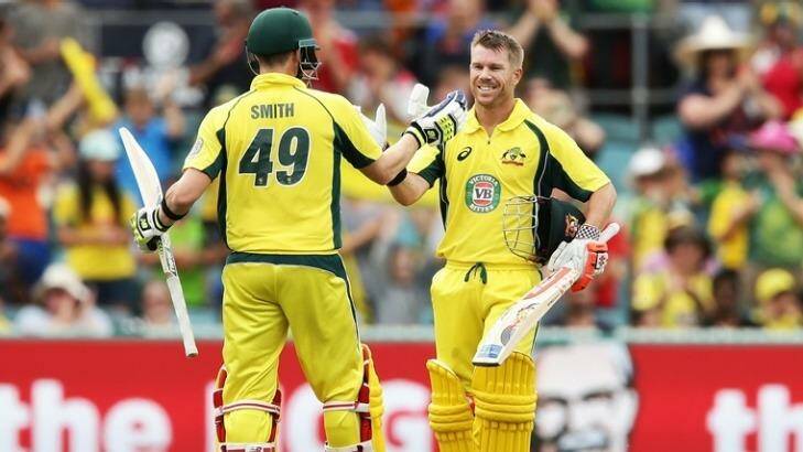 David Warner celebrates his 10th ODI century at Manuka Oval Photo: Cricket Australia