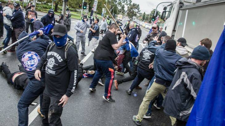 Protesters from rival anti-racism and anti-Muslim groups clash in Coburg in May. Photo: Mathew Lynn