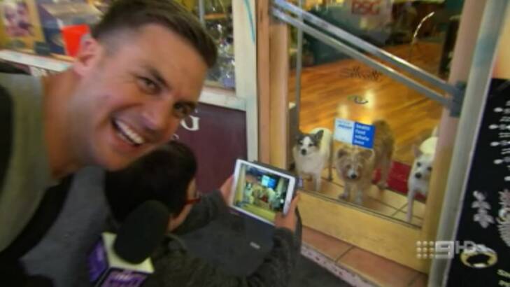 Beau Ryan grins after asking a woman if she was planning to eat one of her dogs. Photo: Channel Nine