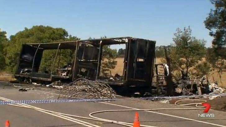 The charred hull of the semi-trailer. Photo: Courtesy of Seven News