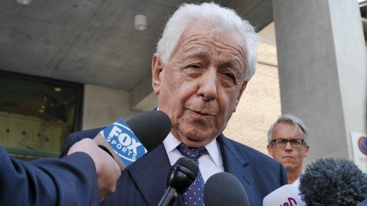 Football Federation Australia president Frank Lowy, with chief executive David Gallop behind him, speaks after the vote in Zurich that saw Sepp Blatter remain FIFA president. Photo: Nick Miller