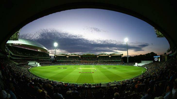 History in the making: The lights take effect during day two of the third Test between Australia and New Zealand at Adelaide Oval. Photo: Cameron Spencer