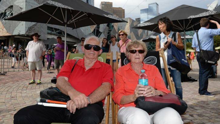Val and Mary Simpson from Mernda waiting at Federation Square for the Bourke Street Vigil. Photo: Penny Stephens