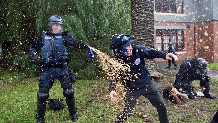 Police deploy capsicum spray against demonstrators. Photo: Julian Smith