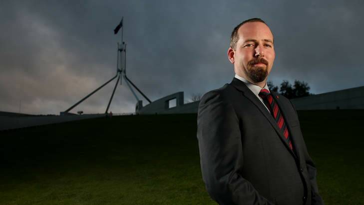 Alone together: Australian Motoring Enthusiast Party's Ricky Muir, at Parliament House for his first week as a senator. Photo: Alex Ellinghausen