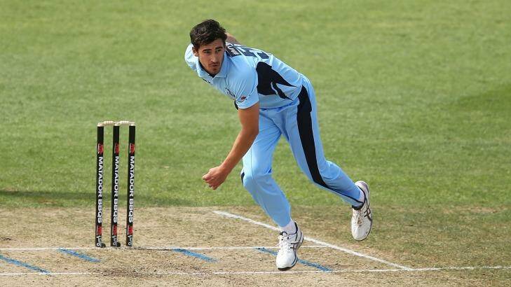 Express delivery: Mitchell Starc bowls during the Matador Cup match between NSW and South Australia at North Sydney Oval. Photo: Brendon Thorne