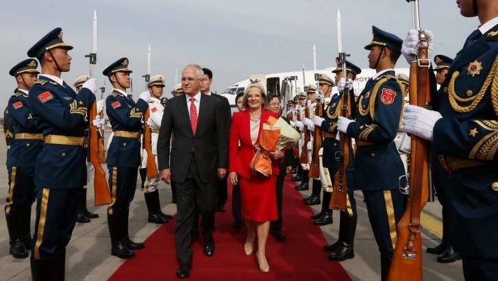 Prime Minister Malcolm Turnbull and Lucy Turnbull arrive in Beijing in April. Sally Cray often travels overseas with the PM. Photo: Andrew Meares