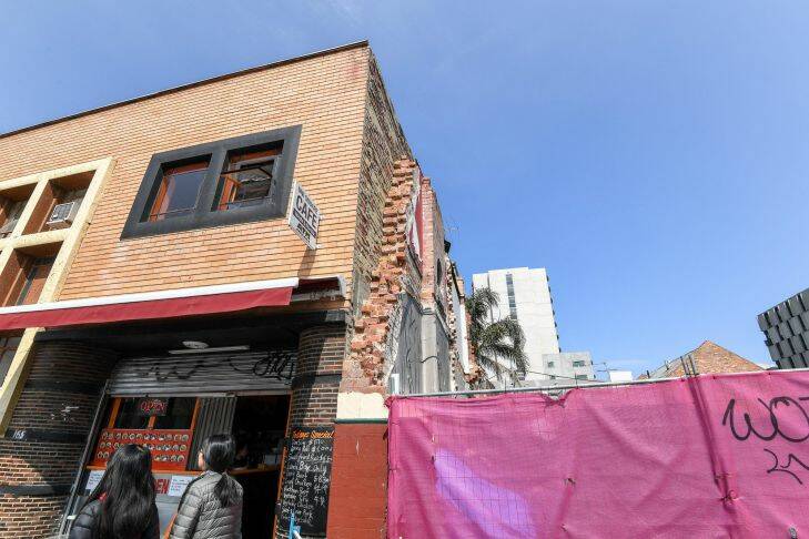 The Age, News,20/09/2017 photo by Justin McManus. Corkmans Pub that was illegally demolished by developers. The developers are challenging an emergency order clean-up by Melb. City council. A wall that is in danger of falling down.