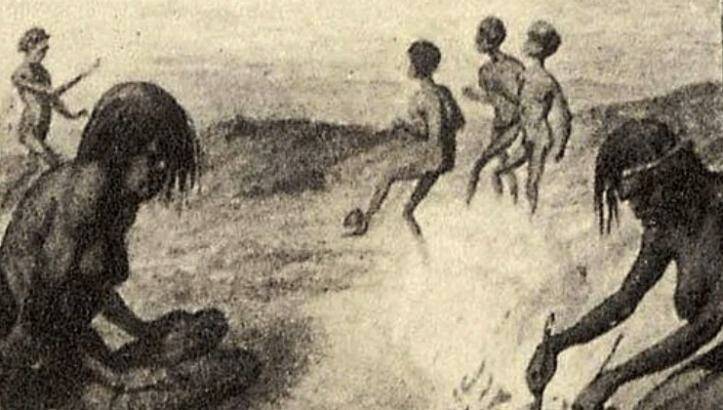 Detail of the Indigenous game "marn grook" from a drawing by Gustav Mutzel in Berlin, 1862, based on William Blandowski's 1857 observations of a scene near Merbein in Victoria.  Photo: saintsandheathens.com.au