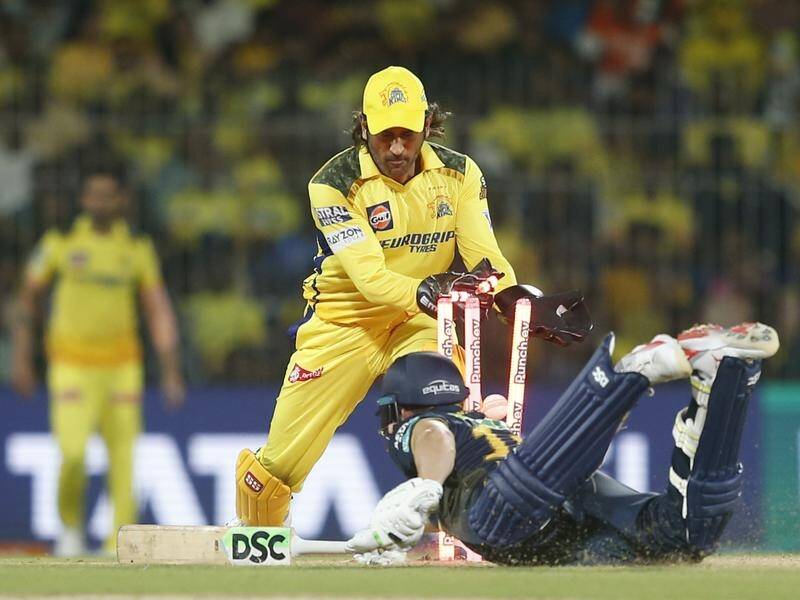 Titans' David Miller survived this close call with MS Dhoni but Chennai dominated their IPL clash. (AP PHOTO)