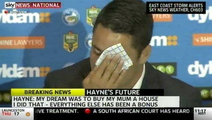 Emotional: Jarryd Hayne wipes away tears while speaking about buying his mother a house earlier in his career.