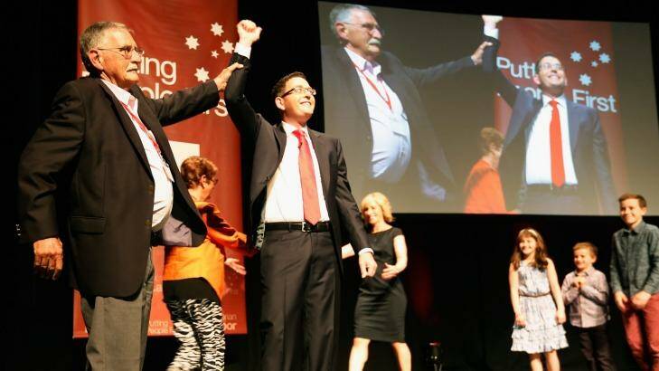 Daniel Andrews and his father at the Labor party's state election campaign launch Photo: Chris Hopkinsq
