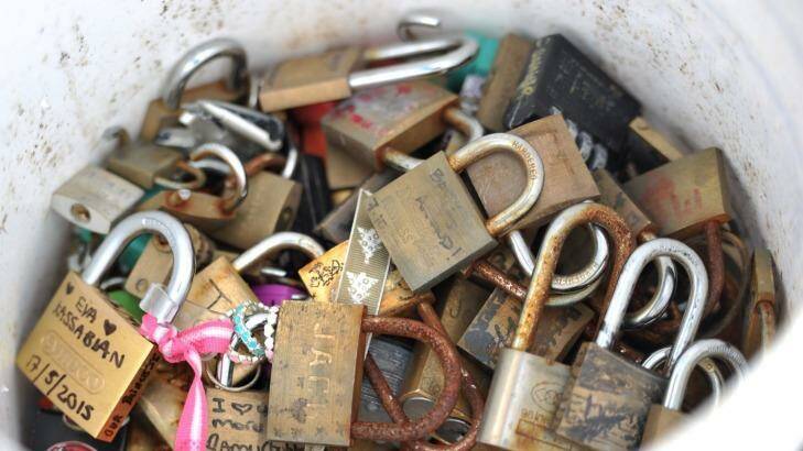Locks of love freshly removed from the Southbank footbridge on Thursday.  Photo: Joe Armao