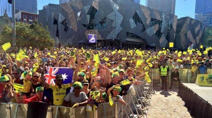 Cricket fans converge on Federation Square to cheer on the Australian world title holders. Photo: Lord Mayor Robert Doyle, via Twitter