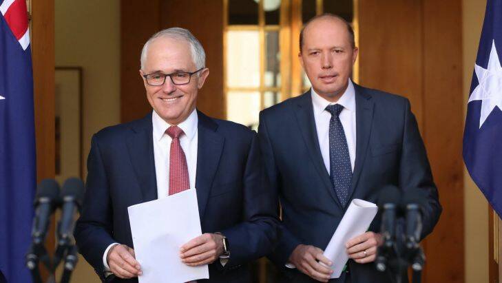 Prime Minister Malcolm Turnbull and Immigration minister Peter Dutton during a press conference at Parliament House in Canberra on Thursday 20 April 2017. Photo: Andrew Meares  Photo: Andrew Meares