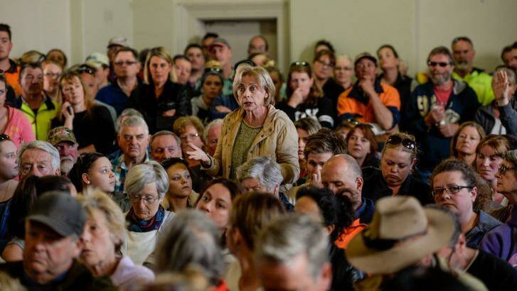 A local woman voices her concerns at the Lancefield meeting on Wednesday. Photo: Justin McManus