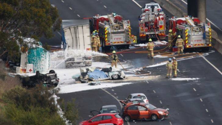 A serious collision involving a petrol tanker and a truck has shut the Calder Freeway. Photo: Eddie Jim