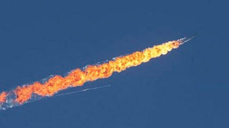 Footage reported to be that of the Russian fighter jet after it was shot by the Turkish Air Force. Photo: Twitter/Habertürk TV
