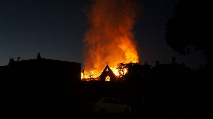 Fire engulfs the Brighton church. Photo: Trevor.