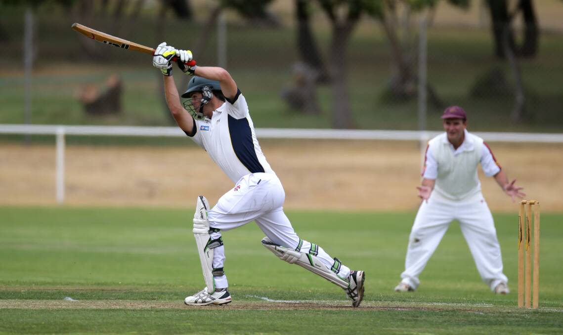 Woodford batsman Hank Schlaghecke drives down the pitch against East Warrnambool-YCW. 
