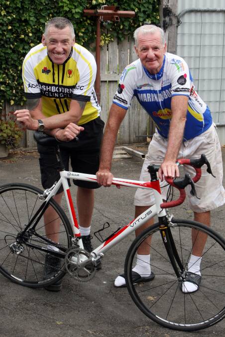 Cyclists Barry Warren (left) and Barry Webster, from Warrnambool Veterans Cycling Club, have forged links with a UK cycling club. 