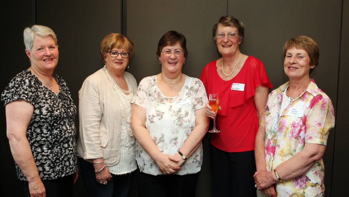 Former schoolmates Thelma Coomber (left), Jill White, Marg Claughton, Lorraine de Kok and Helen Coomber, all from Warrnambool, get reacquainted at the reunion.  
