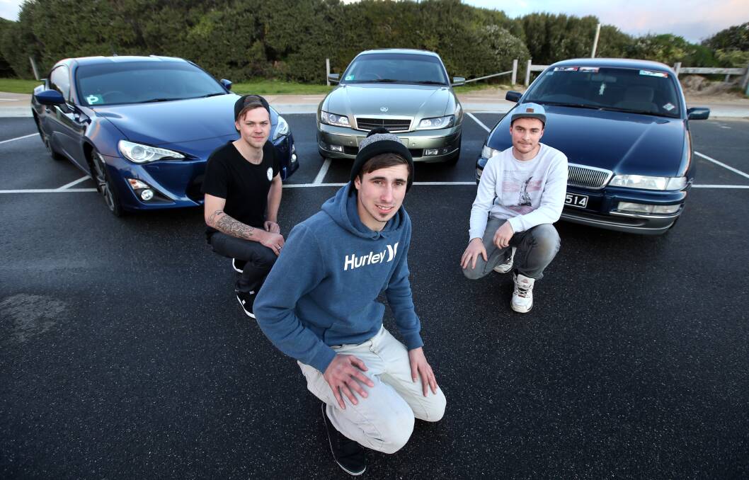 Warrnambool’s Mitch Howe (left) and Clinton Demartin and Camperdown’s Phil Davis are set for this weekend’s ‘Southwest cruise for charity’ car event. Picture: DAMIAN WHITE
