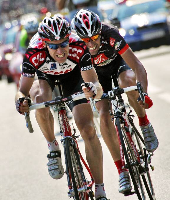 Germany’s Jens Voigt (left) will visit Warrnambool as part of the Tour de Cure. Picture: AFP