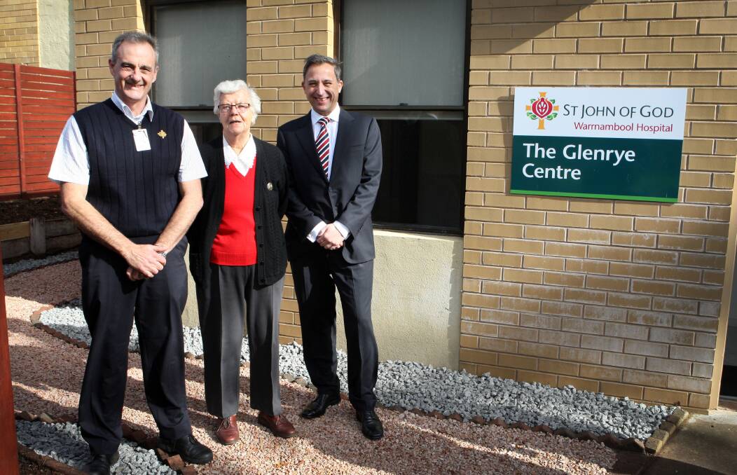 Community relations mental health manager John Parkinson (left), Sister Dominica O’Reilly and St John of God Warrnambool Hospital chief executive officer Glen Power shared official duties at yesteday’s reopening of The Glenrye Centre.  Picture: LEANNE PICKETT