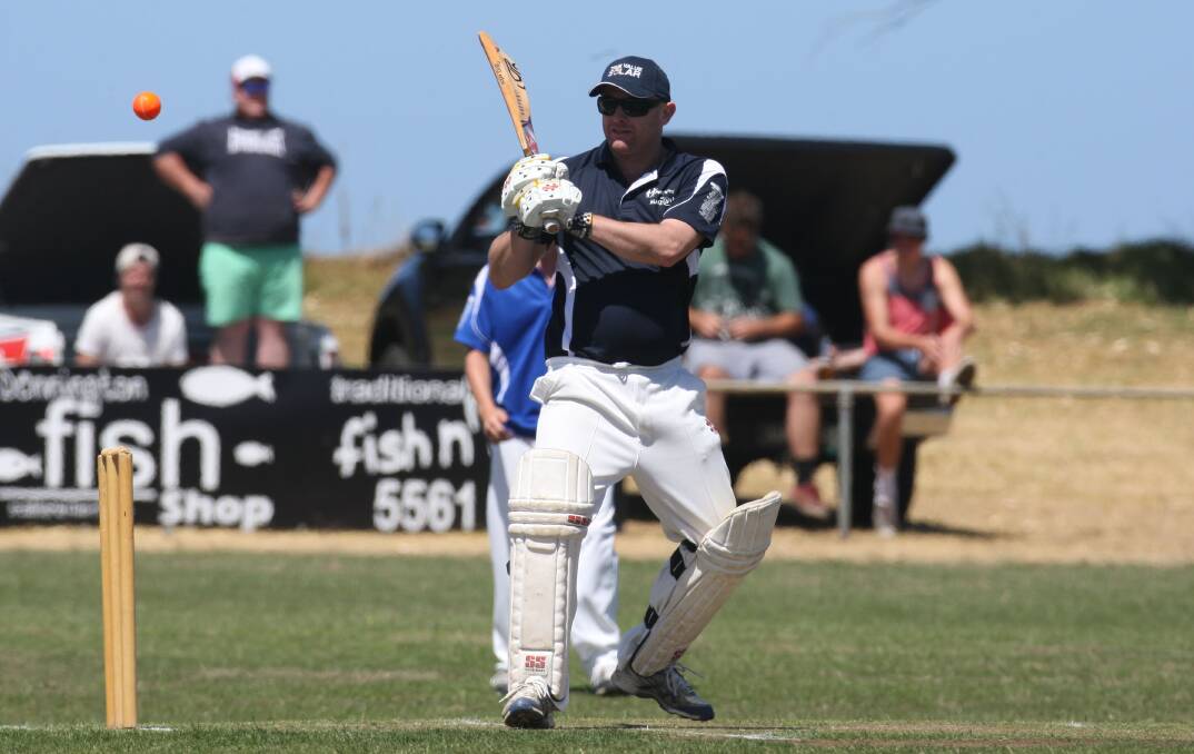 Purnim cricketer Aaron Peterson swings the bat at yesterday’s charity cricket match at Dennington Recreation Reserve.