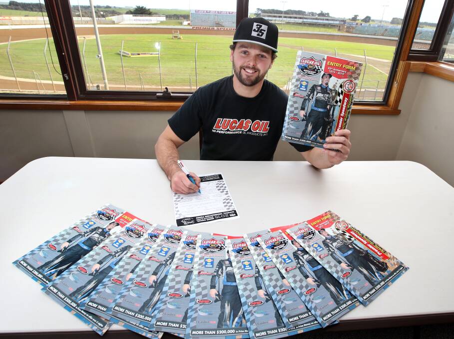 Warrnambool sprintcar driver Jamie Veal is first to sign on for the 2015 Grand Annual Sprintcar Classic at Premier Speedway. Picture: DAMIAN WHITE