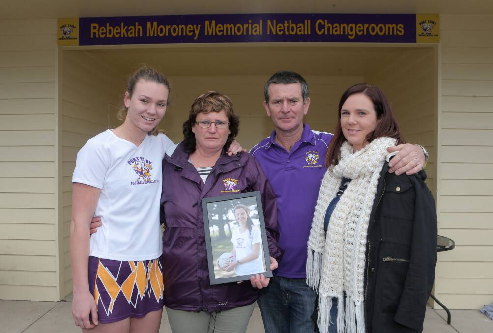 Port Fairy’s new Rebekah Moroney Memorial Netball Changerooms at Gardens Oval honour the talented young netballer, who died last year. Her sister Sarah (left), mum Loretta, dad Mick and sister Jessica were at the opening ceremony yesterday.Picture: AARON SAWALL