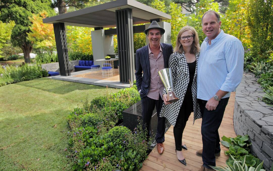 Landscape designers Mark Browning (left) and Lisa Ellis with Bamstone's Michael Steel in their award-winning garden.