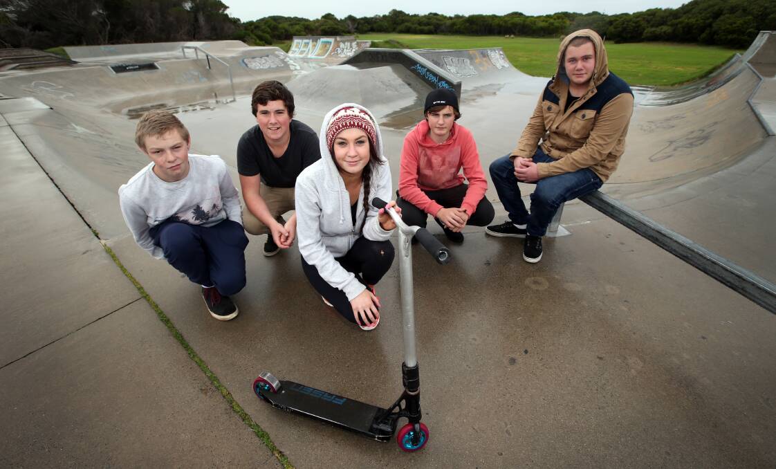 South West TAFE VCAL students (from left) Geoffrey Watts, Jordan Ryan, Kala Bonney, Tyler Rhodes and Jeremiah Gale have organised a contest at Warrnambool Skate Park. Picture: DAMIAN WHITE