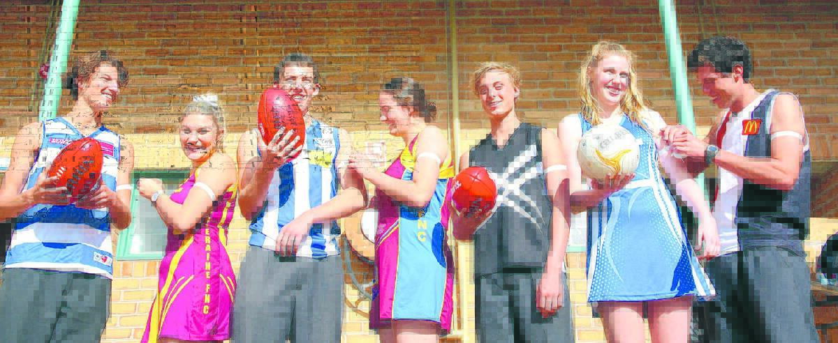 Promoting their league and club involvement in the White Ribbon Round are (from left) Ben Guthrie (Casterton and Coleraine JFA), Samantha Langley (South West District Football Netball League), Jayden Watson (Hampden Football Netball League), Molly Kennedy (Mininera and District football and netball), Taylor Murrell (Portland Junior Football League), Aleisha McDonald (Hampden) and Tom Millard (Hamilton juniors).