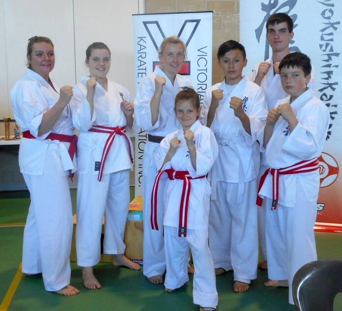  Warrnambool Kyokushin Karate competitors were Jane McDonald (left), Lindsey McDonald, Natalie Jorgensen, Caitlin Hinkley, Trae Ngatai, Riley McDonald and Noah Lo Ricco.  