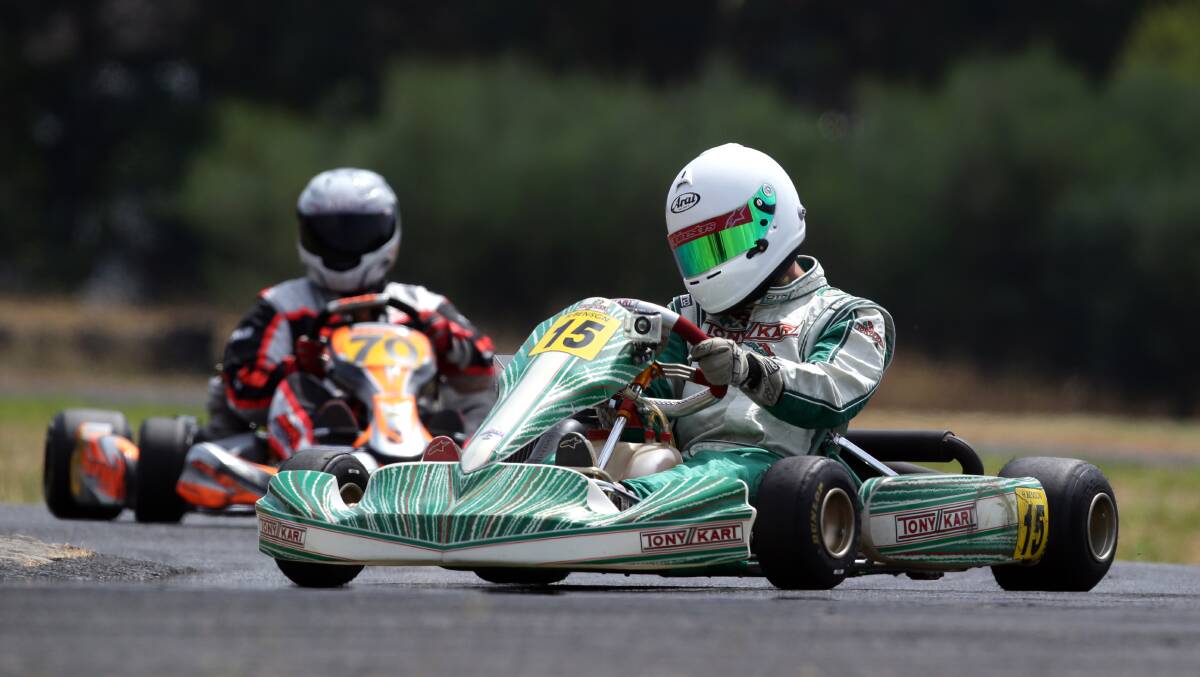Harley Benson sets the pace in the tag 125 light section in round one of the Victorian Country Kart Series at Cobden on Saturday. The event attracted 182 entries, one of the club’s best ever results.
