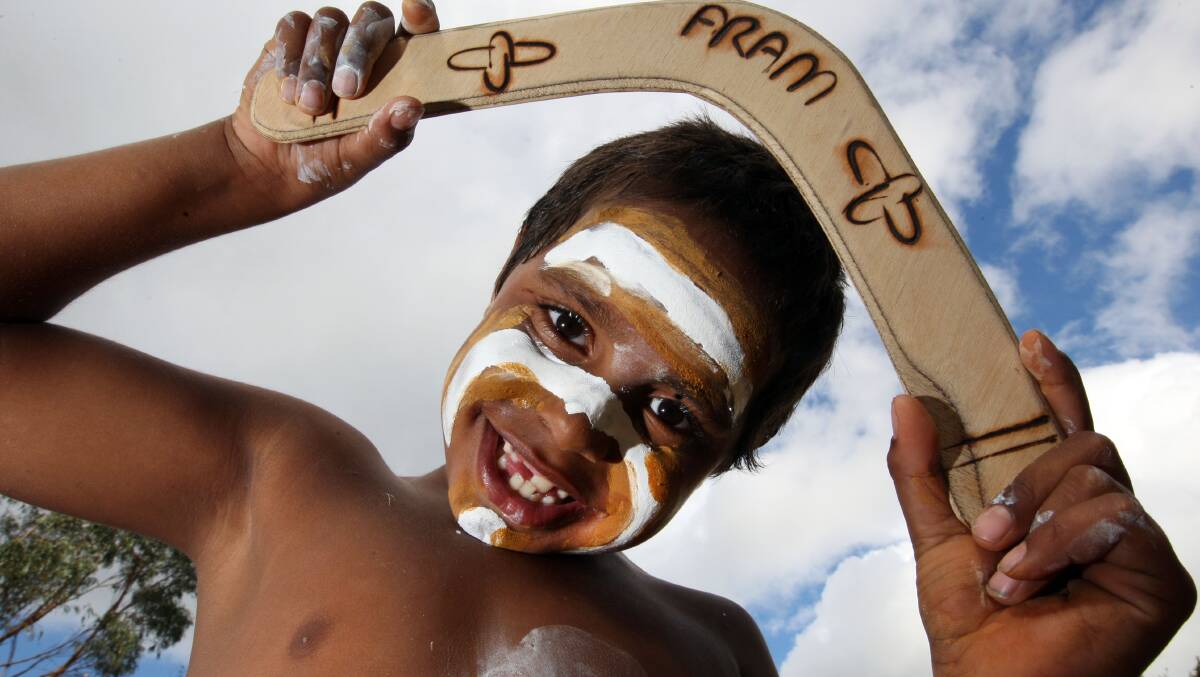 Ian Clark-Ugle, 7, in traditional ceremonial paint at Saturday’s Framlingham Aboriginal Reserve 150th anniversary celebrations.  Picture:LEANNE PICKETT