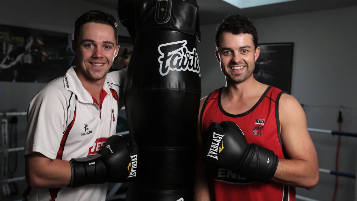 Redbacks Travis Head (left) and Callum Ferguson training at Rudy’s Gym in Warrnambool in preparation for a shot at World Cup selection. 