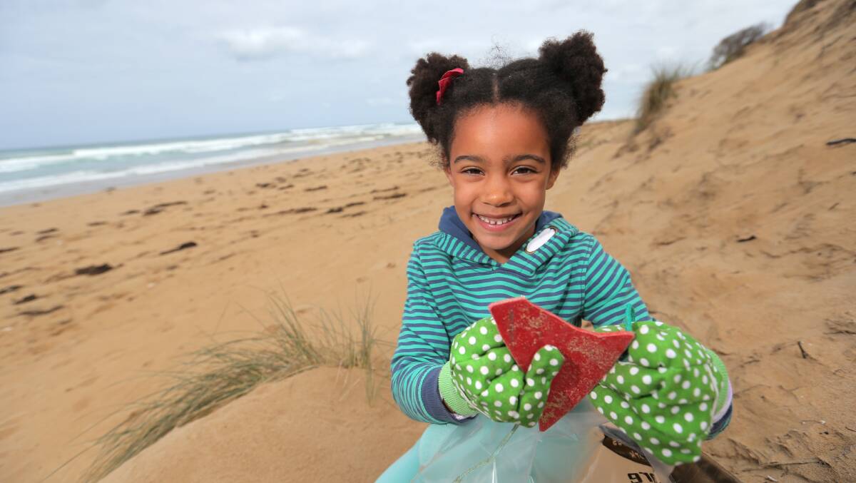 Zara Legge, 5, did her bit to help clean up Warrnambool’s beaches on Saturday.