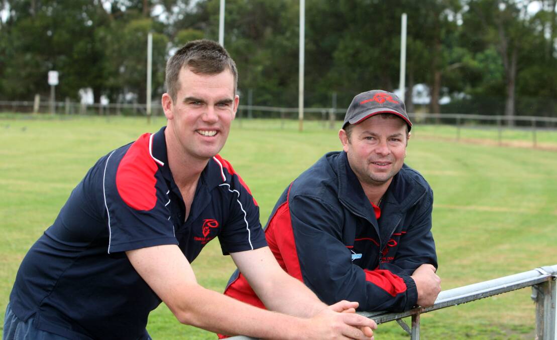 Mathew Whitehead (left) and Anthony 'Norm' Vogels will co-coach Timboon Demons next season.