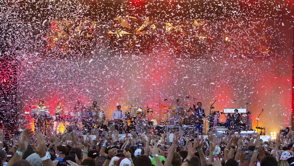 Confetti showers the crowd as Arcade Fire plays the final set at the Sydney Big Day Out in January. 