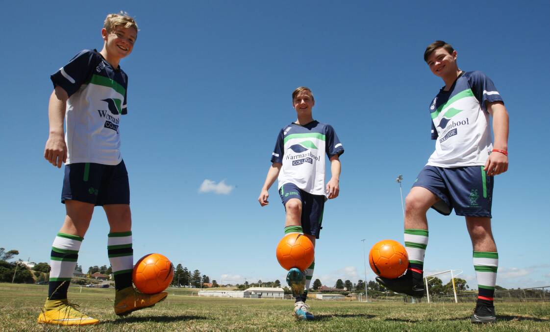 Warrnambool College students Connor Bellman (left), 14, Isaac Slater, 16, and Liam Drake, 17, get in practice for the school’s foray into the inaugural SSV Premier League competition next year. 